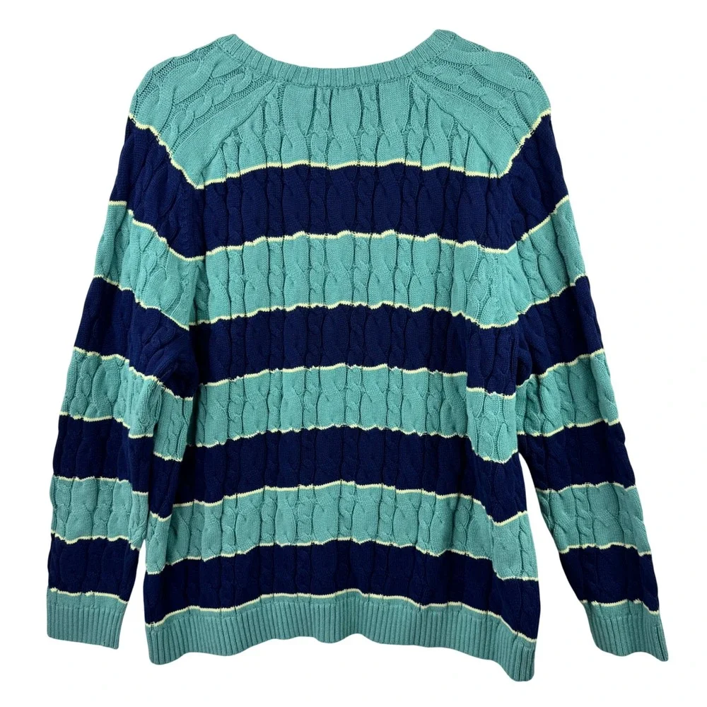 Lands' End Drifter Sweater Womens XL Blue Teal Striped Cable Knit Cotton Preppy